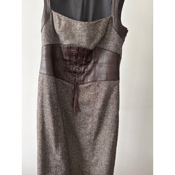 Y2K Bebe Dress Sz 10 Wool Blend Tweed Leather Corset Detail Lace Up Bodycon Slit - Picture 8 of 16